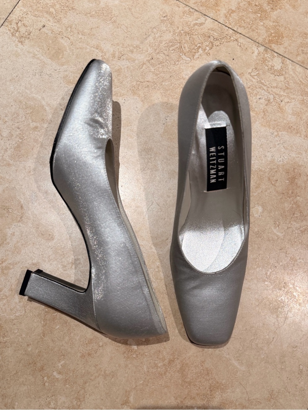 Vintage 90s Stuart Weitzman Silver Satin Mid Heel Pumps 7.5
